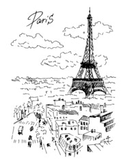 Hand drawn Eiffel tower and streets of Paris, France. Sketch, vector illustration.