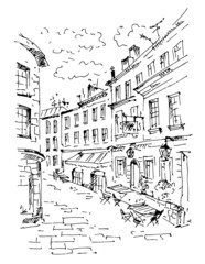 Hand drawn european street. Sketch, vector illustration.