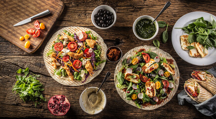 Top view of open tortillas with vegetables and chicken strips or haloumi cheese on a rustic table