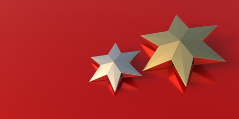Gold and silver stars against red background. 3d illustration