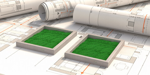 Lawn on blueprint. Landcsape architect, house garden design. 3d illustration