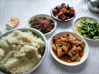 Rice, pork, soy, vegetables, cooked dishes
