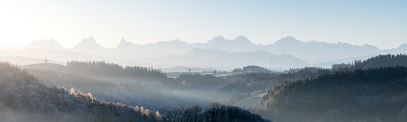 Berner Alpen and the hills of Emmental on a winter morning