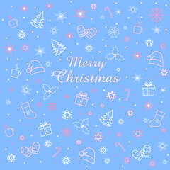 Postcard Merry Christmas on blue backgrund with pink element. Vector illustration