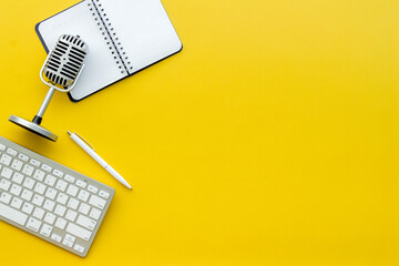 Studio microphone with keyboard. Audio equipment and recording background