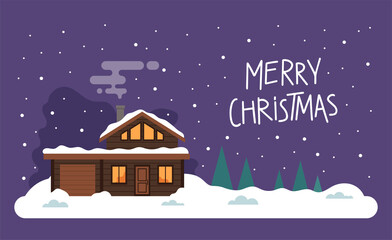Vector flat illustration with lettering and white snowy winter Christmas landscape and country house in the snowing woods. Suburban houses covered snow. Christmas greeting card or poster.
