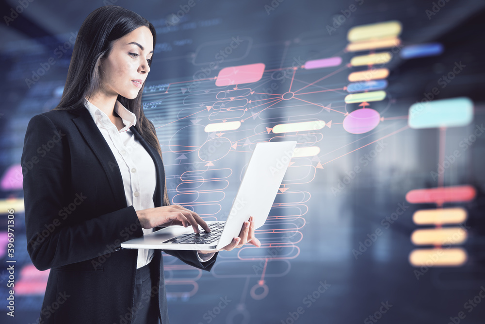 Poster businesswoman working with laptop on coding sketch concept background