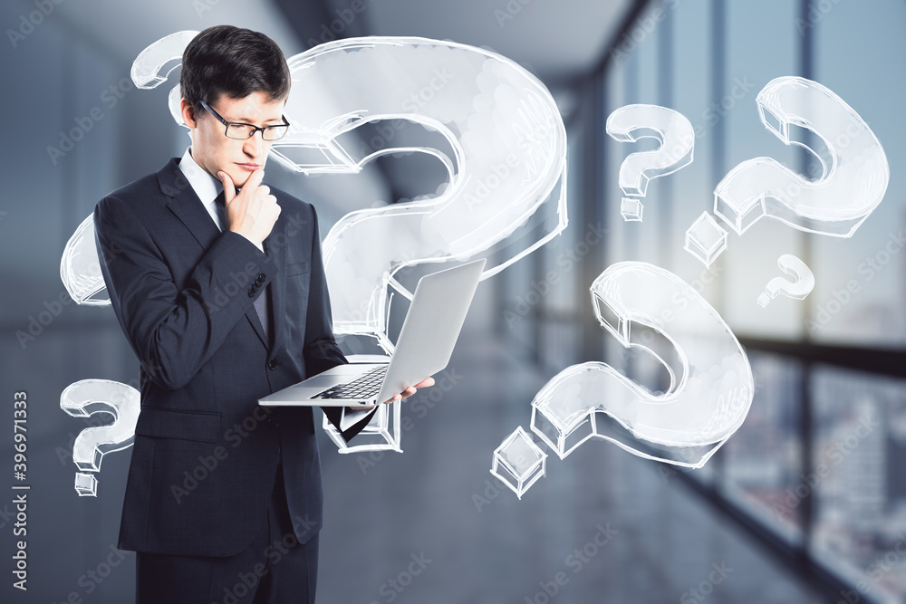 Poster businessman with laptop thinking on question marks background, faq and support concept
