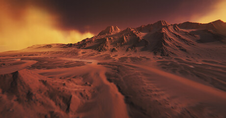 Fototapeta na wymiar Mars environment. Mountains covered with yellow fog. 3D illustration. Red mountains in the desert.