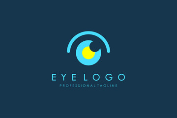 Obraz premium Abstract Eye Vision Logo. Light Blue Geometric Shape with Yellow Eyeball inside isolated on Blue Background. Usable for Business and Technology Logos. Flat Vector Logo Design Template Element.