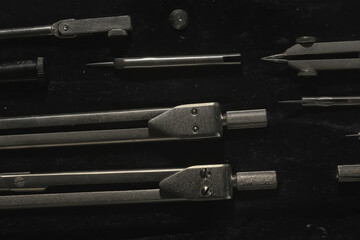 drawing tools, concept engineering project vintage / compass pencil paper education drafting
