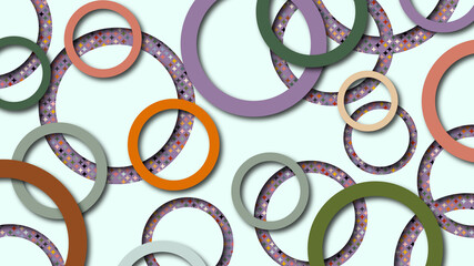 Layered abstract background with rings in different colors. Geometric shapes with shadow in paper cut style