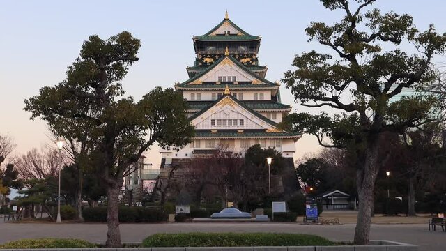 Facade of historic traditional palace and jo in Osaka city of Japan as 4k.
