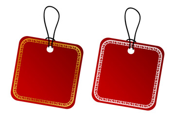 Vector 2 Square Vector Red Gradient Tag, White and Golden China Style Border With Black Rope, Isolated on White
