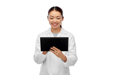 medicine, profession and healthcare concept - happy smiling asian female doctor in white coat with tablet pc computer