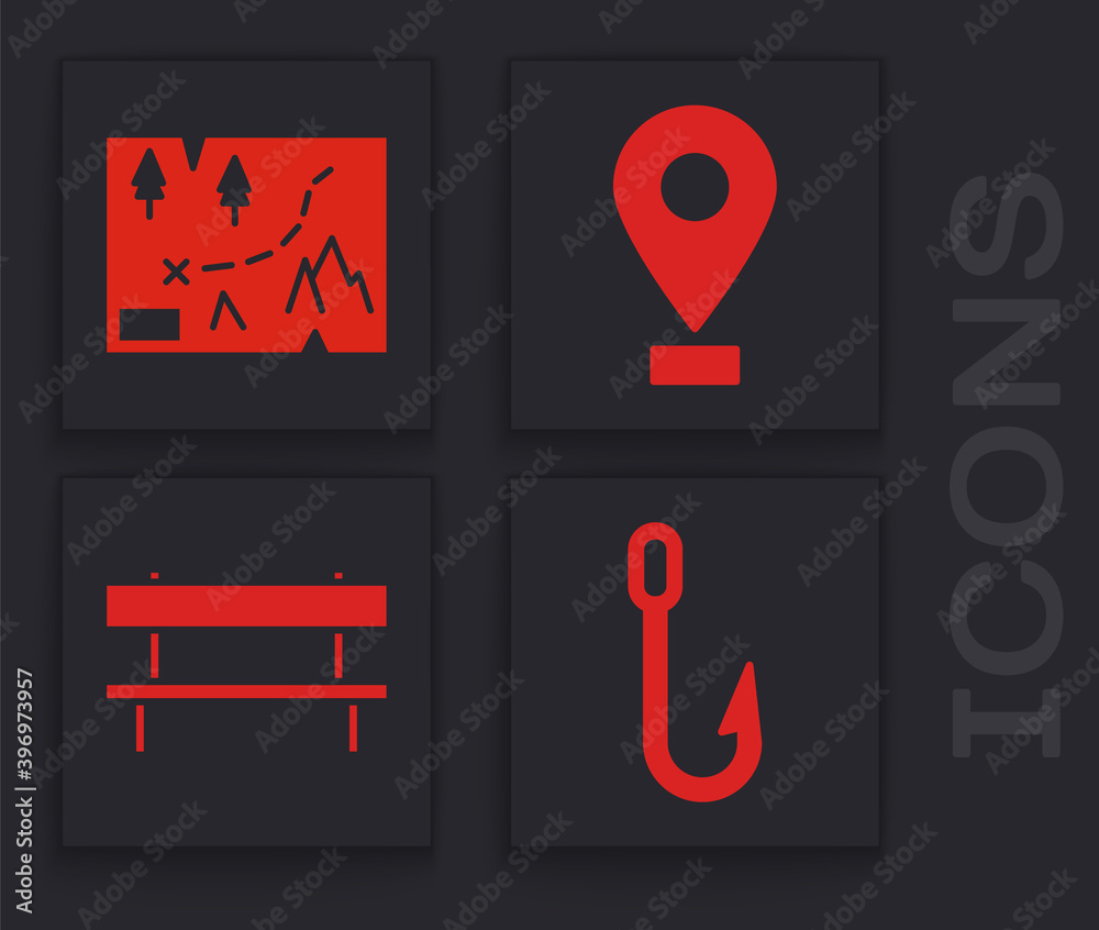 Wall mural set fishing hook, folded map with location, location and bench icon. vector.