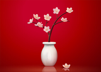 Plum flower in white vase mockup