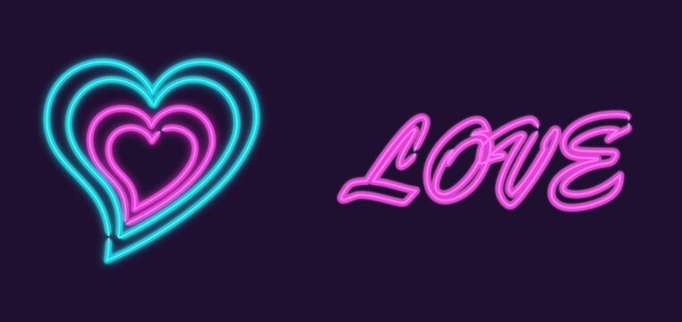 Glowing neon color hearts on dark purple background
