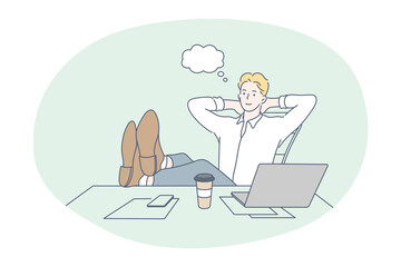 Working in office, modern company worker, online communication concept. Young happy man cartoon character sitting on workplace with laptop and coffee and thinking about project details