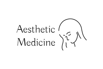Aesthetic medicine linear style icon with beautiful girl face. Isolated vector emblem of young woman. Black and white outline logo template for medical clinics, plastic surgery, beauty salons