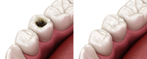 Premolar tooth restoration with filling after caries damage. Medically accurate tooth 3D illustration. - 396974916