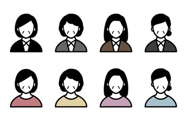 中年女性のアイコンのセット／イラスト／中高年／ミドル／40代／50代／おばさん／人物／スーツ