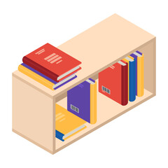 Isometric bookshelf isolated on white background. 3d rendering. Vector illustration.