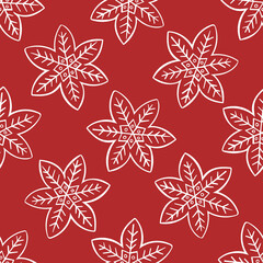 Fototapeta premium Gingerbread snowflake doodle seamless pattern vector, Christmas holidays season red background for cards, banners, wrapping paper, posters, scrapbooking, pillow, cups and fabric design. 