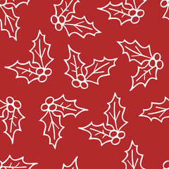 Fototapeta premium Mistletoe doodle seamless pattern vector, Christmas holidays season red background for cards, banners, wrapping paper, posters, scrapbooking, pillow, cups and fabric design. 