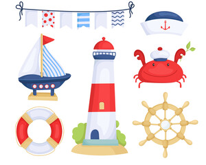 Obraz na płótnie Canvas vector set of nautical children's elements. cute hand drawn marine collection for gift cards, design, web. boat, lighthouse, funny crab, lifebuoy in cartoon style.isolated on white background.