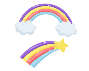 vector set of cute children's rainbow with clouds and a star.  magic hand drawn bright element. isolated on  white background. funny kid's collection for print,design,web, greeting card.trendy art.