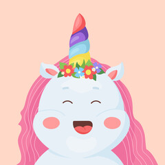 vector portrait of a smiling cute unicorn isolated on pink background.kid's illustration for baby.fantasy adorable character with a rainbow horn and a beautiful mane. fabulous magic horse.