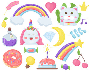 vector set of kawaii children's elements for gift cards. cute fantasy decor. rainbows, unicorn, cat, donut. isolated on white background.trendy kid's design.magic comic adorable collection.