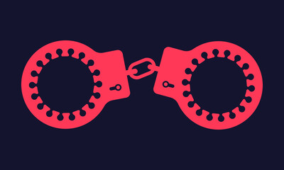 Red coronavirus shaped handcuffs isolated on dark background. Pandemic conceptual illustration.