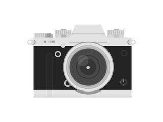 Old style vintage film camera isolated on white background. Retro grey silver and black photo camera. Vector illustration. Detailed realistic icon.