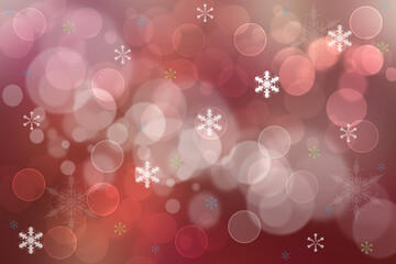 Abstract blurred festive light red pink white winter christmas or Happy New Year background texture with white bokeh circles and stars. Card concept.