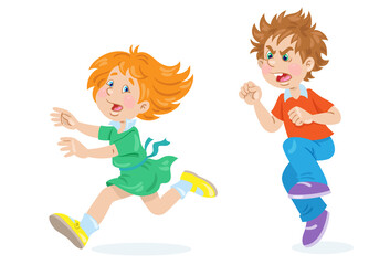 Children and emotions. Scared girl runs away from angry boy. In cartoon style. Isolated on white background. Vector flat illustration.