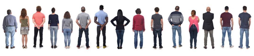  rear view of large group of men and women wearing  jeans and standing on white background
