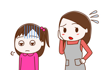 鬱状態の少女と心配するエプロン姿の女性