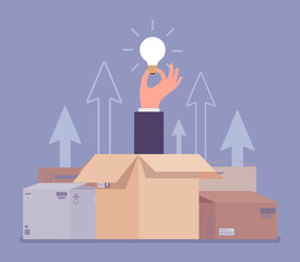 Think outside the box, hand holding bright lamp bulb. Metaphor of new successful innovation, new energy, invention, brainstorm and business inspiration. Vector flat style cartoon illustration