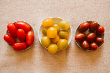 Different kind of organic tomatoes in a bowl.	