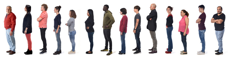 profile of a large group of man and women wearing  jeans on white background