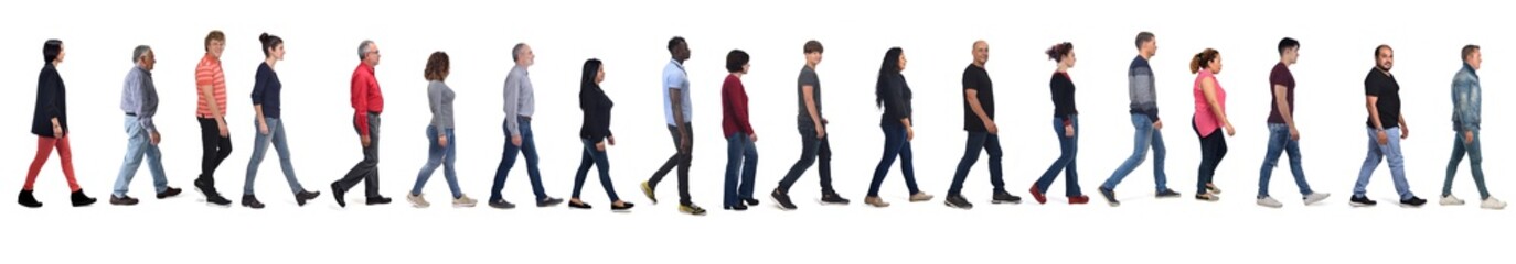 group of men and women wearing blue jeans walking on white background