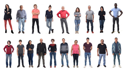 Obraz premium front view of a group of men and women wearing jeans on white background