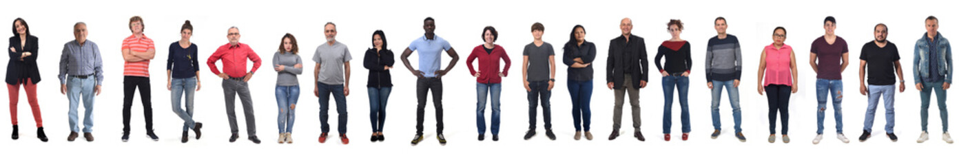 front view of a group of men and women wearing jeans on white background