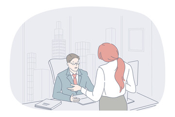 Teamwork, communication, business discussion concept. Business people partners coworkers cartoon characters discussing corporate project and sharing ideas in office together illustration