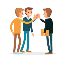 Fototapeta premium Team building, coworkers, teamwork, start up concept. Office workers giving high five clapping each other hands. Office joint work fraternity.Office brotherhood cohesion unity. Group of office workers