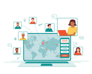 Concept for online education, e-learning, courses, trainings, lectures using a laptop. Communication of employees, students, teachers from all over the world through a video call. Vector illustration