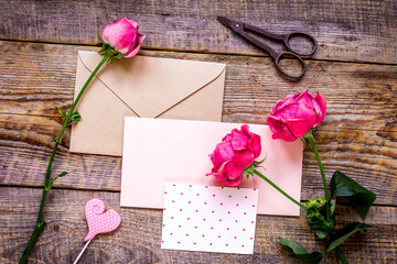 Present for woman with peony and greeting-card top view space for text