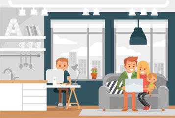 Vector portrait of full big young whole family, all members gather together at home at week end in house interior,in shared living common room space.Family daily activities on everyday domestic life.